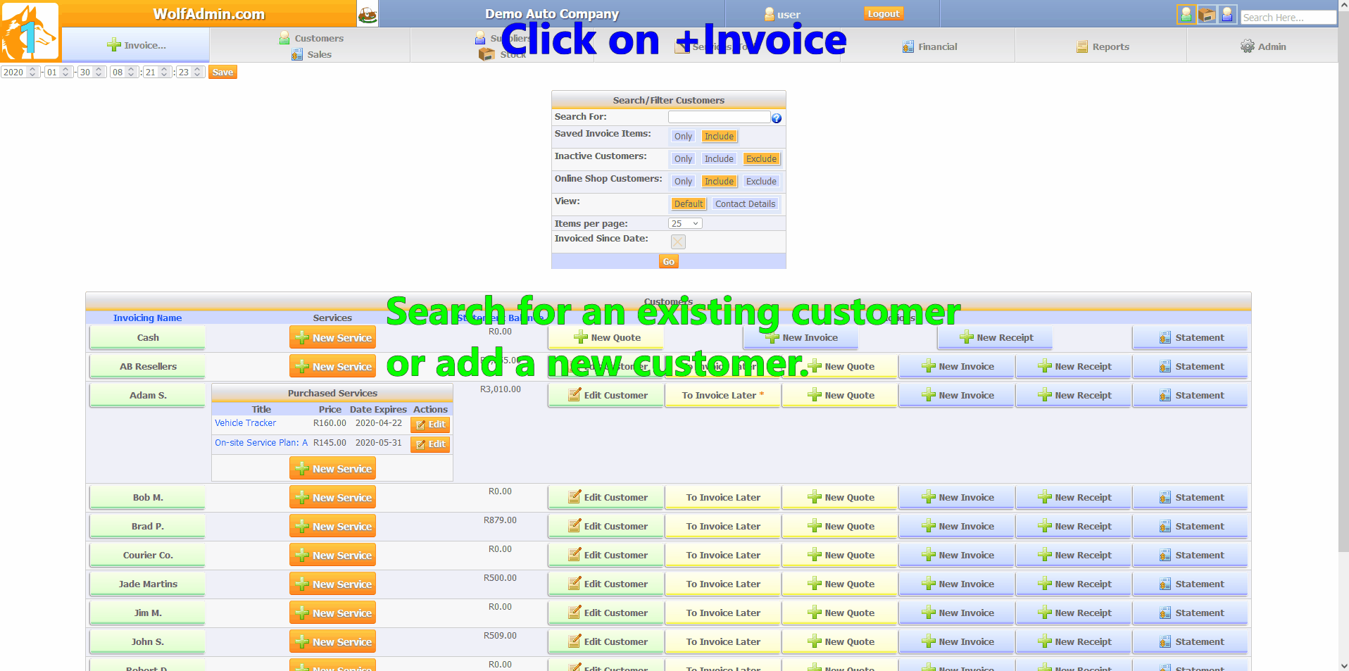 Creating an invoice in WolfAdmin