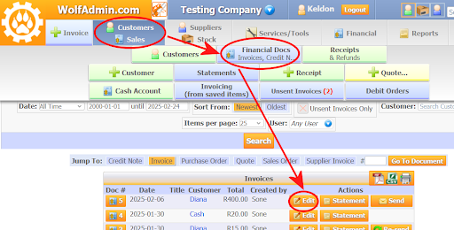Finding a document via Customers/Sales, Financial Docs and clicking Edit