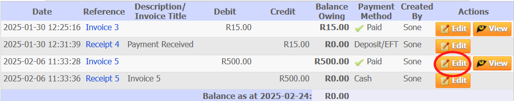 Clicking Edit next to the invoice on the customer statement